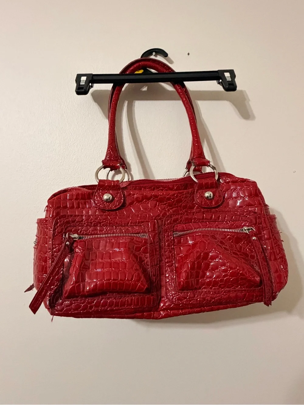 Bueno Red Croc-Embossed Double Pocket Shoulder Bag